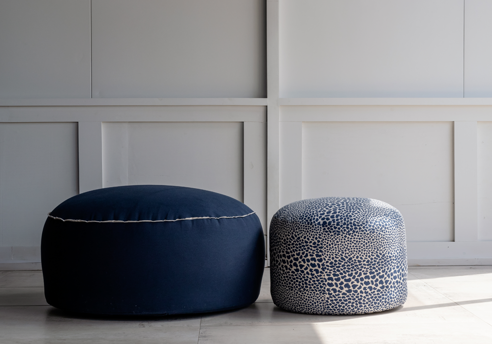 Navy Ottoman with White Piping